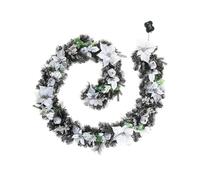 Pre-Lit Decorated Black Garland - 9 ft, White and Silver Poinsettias, 40 White LED Lights, Battery Powered