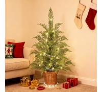 Pre-Lit 'Feel Real' Artificial Mini Cypress Christmas Tree Decorated Artificial Tabletop With Green, Nordic Spruce, White Lights, Burlap Bag Base Christmas Trees Home Party Decoration (B- 35.43 Inch)