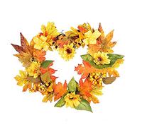 Pre-lit Lights Autumn Harvest WreathWith Artificial Sunflowers,Prelit Fall Wreath With LED Lights For Front Door Halloween Wreath For Party Décor-40cm heart-shaped maple leaf wreath