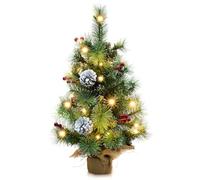 Pre-lit Mini Christmas Trees, Little Christmas Tree with Flocked Pine Needles, Pine Cones, Berries Christmas Decoration, 2 ft Burlap Base Small Trees with 25 Led Lights for Table Top Xmas Decoration