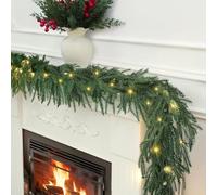 Pre-lit Norfolk Pine Garland, Dense Norfolk Pine Garlands Pre-Lit Battery Operated Garlands, Real Touch Artificial Faux Greenery Garland for Mantle Fireplace Table Stair (9FT)