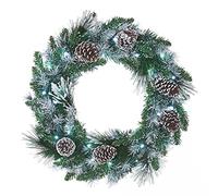 Pre-Lit Snow Flocked Wreath with Pinecones, 50 Warm White LEDs, 24 inch / 60 cm