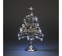 Pre-Lit Table Top Golden Merry Christmas Tree with Warm Bells Star Festive Xmas Holiday Home Office Novelty Decorations, Metal, Silver W/Cool White LEDs, 14 Inch