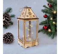 mysmartbuy Pre-Lit Wooden Christmas Lantern with Snowflake Cut-Out & LED String Lights - Standing or Hanging Festive Decoration in Brown mysmartbuy Brown