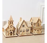 Pre-Lit Wooden Scene With Church Christmas DecorationIlluminated With LED Lights, LED Wooden Christmas Ornaments, 3 Pack Christmas Village Houses With Snow And Led