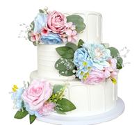 Pre-Made Baby Blue Pink Artificial Flowers for Cakes Decorations Pastel Blush Pink Rose Wedding Cake Toppers Decorating Silk Fake Floral Anniversary Birthday Party Table Arrangements Baby Shower