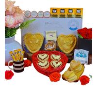 Pre-Order For Delivery 13th Feb The Large Valentine's Pasty Hamper With Cream Tea for 4, 2 Large Heart Shaped I Love You Pasties, 4 Heart Shaped Scones, Clotted Cream, Jam, Tea and Coffee