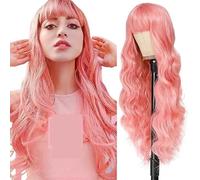 Pre Plucked Ladies' Air Bangs Long Curly Hair Water Ripple Wig Beginner Friendly(Pink)