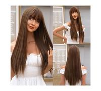 Pre Plucked Long Synthetic Cold Brown Wigs with Bangs Light Coffee Straight Fake Hairs Wig Natural Daily Cosplay Party Heat Resistant Fiber Beginner Friendly