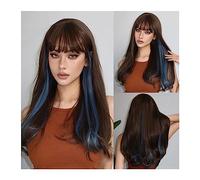 Pre Plucked Long Wavy Cosplay Highlight Synthetic Wigs with Bangs Brown Mixed Blue Natural Wave Hair Wig for Women Afro Party Heat Resistant Beginner Friendly