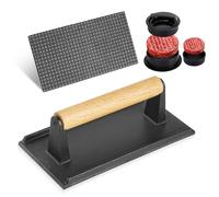 Pre-seasoned cast iron grill weight 1 pack. Heavy duty steak and burger press with wooden handle for grills, griddles and flat tops. Perfect gadget for bacon, paninis, sandwiches and vegetables (2)