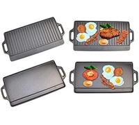 Pre Seasoned Cast Iron Non-Stick Reversible Griddle Plate Pan Double Sided with Integrated Handles and Oil Drip Tray - Suitable for BBQ, Induction, Gas and Electric Hobs - 50 x 23 cm