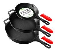 Pre-Seasoned Cast Iron Skillet Pans - 3 Pieces Kitchen Frying Pan Nonstick Cookware Set w/Drip Spout, Silicone Handle, for Electric Stovetop, Induction, Range, Glass Ceramic - NutriChef NCCIPS349