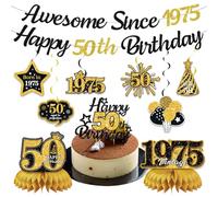 Pre-Strung Glitter Awesome Since 1975 Happy 50th Birthday Banner, Black Gold 50th Birthday Decorations for Men Women, Fifty Years Bday Honeycomb Centerpiece Cake Topper Swirls Party Supplies Decor