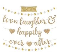Pre-Strung Love Laughter & Happily Ever After Banner for Wedding Shower Decorations, Gold Glitter Banner Sign with 13FT Heart Streamers Garland for Bachelorette Party Bridal Shower Engagement
