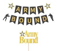 Pre-Strung Military Army Party Decorations Bound Banner Gold Glitter Cake Topper Going Away for US Recruits, Graduation& Farewell Parties Party Decoration Supplies NO DIY