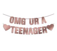 Pre-Strung OMG UR A Teenager Banner - Rose Gold Glitter, 13th Birthday Decorations for Girls, Mean Party Decorations, Happy 13th Party Sign Gifts for Her