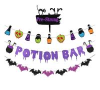Pre-Strung Potion Bar Banner, No Diy Glitter Happy Halloween Banner Decorations with Bat Potion Bar Skull Sign for Halloween Party Home Office School Indoor Wall Mantel Hanging Backdrop Garland Decor