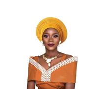 Pre Tied African Headtie Hat Turban Cap for Women Nigerian Aso Oke Headtie Auto Gele Head Wrap for Wedding Party-200G, Golden Yellow, One Size
