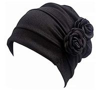 Pre Tied Headwrap Chemo Beanie Hat Headwear Women Turban Beanie Hat with Side Flower (Black Double Flower)