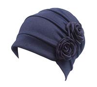 Pre Tied Headwrap Chemo Beanie Hat Headwear Women Turban Beanie Hat with Side Flower (Navy Blue Double Flower)