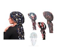 Pre Tied Headwrap Headscarf Chemo Headwear Beanie Head Cover Scarf Turban Cap Cotton Alopecia Bandana (Black Small Flower)