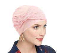 Pre Tied Lace Headwrap for Women, Full Coverage Turban Cap with Floral Crossover Front for Everyday Wear and Outfit Use Pre Tied Lace Headwrap Full Coverage Turban Cap Floral Crossover Head Wrap Slip