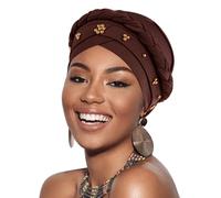 Pre-Tied Twisted Turbans Hat for Women African Head Scarf Beanie Cancer Chemo Headwear Cap Head Wraps for Black Women, 1 Pack Twisted Braid: Gold Bead Coffee, One Size