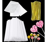 Prebarfun 300PCS Cake Pop Sticks 17cm and Wrappers Kit, Cake Pop Bags, Lollipop Sticks for Cakes Pops and Metallic Twist Ties Bow, Perfect for Making Lollipops,Candies,Chocolates and Cookies