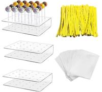 Prebarfun 3PCS Cake Pop Stand, Lollipop Holder, 20 Holes Clear Acrylic Cake Pop Display Stand with 100 Pcs Sticks & 100 Gold Twist Ties for Christmas Birthdays Parties Weddings Halloween Candy
