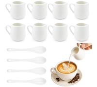 Prebarfun 8 PCS Small Milk Jug, 90ml White Milk Jug Ceramic with Handle & 4 Spoons, Small Gravy Pots Individual for Ceramic, Coffee, Sauces, Gravies, Dressings - Ovens & Dishwash Safe