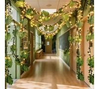 Preboun 102 Pcs 20ft Jungle Theme Classroom Decorations with String Lights Tropical Rainforest Palm Leaves Safari Artificial Rattan Decor Set for Back to School Party Indoor Outdoor Forest Birthday