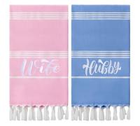 Preboun 2 Pcs Hubby and Wife Turkish Beach Towels Wedding Embroidery Bathroom Hand Towels Decorative Stripe Turkish Honeymoon Newlywed Couple Wedding Gift 71 * 39 Inch(Blue, Pink)
