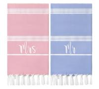 Preboun 2 Pcs Hubby and Wife Turkish Beach Towels Wedding Embroidery Bathroom Hand Towels Decorative Stripe Turkish Honeymoon Newlywed Couple Wedding Gift 71 * 39 Inch(Blue, Pink)