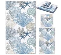 Preboun 3 Pack Beach Hand Towels - Seashell Coral Starfish Nautical Bath Towels for Bathroom - Sea Creature Dish Towels for Kitchen, Hotel, Home