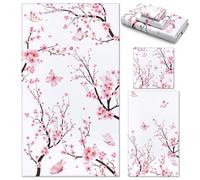Preboun 3 Pack Cherry Blossom Bathroom Towels Set Spring Cherry Flower Hand Towels Watercolor Pink Sakura Bath Towels Butterfly Dish Towels Absorbent Fingertip Towel for Bathroom Kitchen Hotel Beach