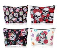 Preboun 4 Pack Sugar Skull Makeup Bags Day of the Dead Cosmetic Bag Gifts Travel Toiletry Zipper Pouch Gothic Floral Skeleton Gifts Pouch for Girls Women Day of the Dead Halloween Sugar Skull Lovers