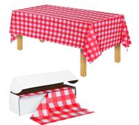 Preboun 54 Inch x 100 Feet Plastic Table Cloth Disposable Table Cover Roll Plastic Tablecloth with Convenient Slide Cutter Box for Party Picnic Banquet Kid's Activities (Red, White)