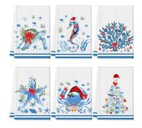 Preboun 6 Pcs Christmas Kitchen Towels Ocean Xmas Themed Decorative Hand Towels Blue Red Christmas Dish Cloth Farmhouse Tea Cloth Kitchen Accessories Bathroom Decor