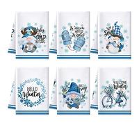Preboun 6 Pcs Hello Winter Kitchen Towels Snowman Gnome Dish Blue Snowflake Tea Christmas Hand Drying Towels Baking Cooking Cloth for Home Kitchen Bathroom Decor