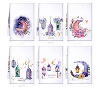Preboun 6 Pcs Ramadan Kitchen Towels - White & Pink - 17 x 26 Inch - Microfiber - Absorbent - Moon Flowers & Festive Designs