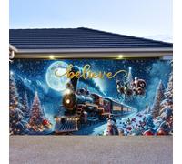 Preboun Christmas Polar Believe Garage Door Decoration 7 x 16 ft Vintage Believe Train Garage Door Banner Cover Polar Santa Garage Backdrop for Xmas Eve Holiday Outdoor Wall Decor