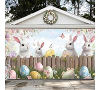 Preboun Easter Garage Door Decoration 7 x 16 ft Pastel Garage Door Banner Cover Easter Bunny Egg Spring Flower Cover Background Decal for Outdoor Indoor Wall Decor