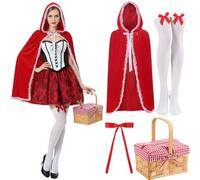 Preboun Halloween Red Riding Hood Cape Costume Set, Red Cape Weaving Basket Satin Socks Hair Clip Kit for Cosplay Dress Party, Multicolor, Woven basket size: about 9 x 6 x 5 inches