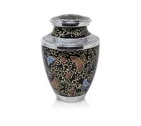 PRECIOUS HANDICRAFT Aluminium Cremation Urn for Human Ashes Adult Size - Black Hand-Painted Butterfly Design, Lacquered Finish, Large Memorial Urn with Secure Lid for Home Display (10.5 Inch)