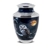 PRECIOUS HANDICRAFT Aluminium Cremation Urn for Human Ashes Adult Size - Owl & Moon Night Design, Black Lacquered Finish, Large Memorial Urn with Secure Lid for Home Display (10.5 Inch)