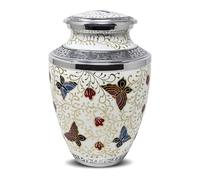PRECIOUS HANDICRAFT Aluminium Cremation Urn for Human Ashes Adult Size - White Hand-Painted Butterfly Design, Lacquered Finish, Large Memorial Urn with Secure Lid for Home Display (10.5 Inch)