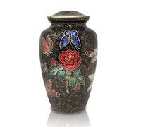 Precious Handicraft Butterflies on Rose Floral Cremation Urn - 100% Handcrafted Adult Funeral Urn for Human Ashes - Solid Large Ivory With Black & Red Rose