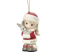 Precious Moments 201002 Every Bunny Loves A Christmas Hug 2020 Dated Girl Bisque Porcelain Ornament, Multicolored