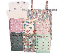 Precious Pompis Pack of 6 Pocket Cloth Diapers, 6 Natural Hemp/Cotton Fiber Inserts and 1 Wet Bag - One Size Washable Reusable Baby - Athletic Absorbent Jersey